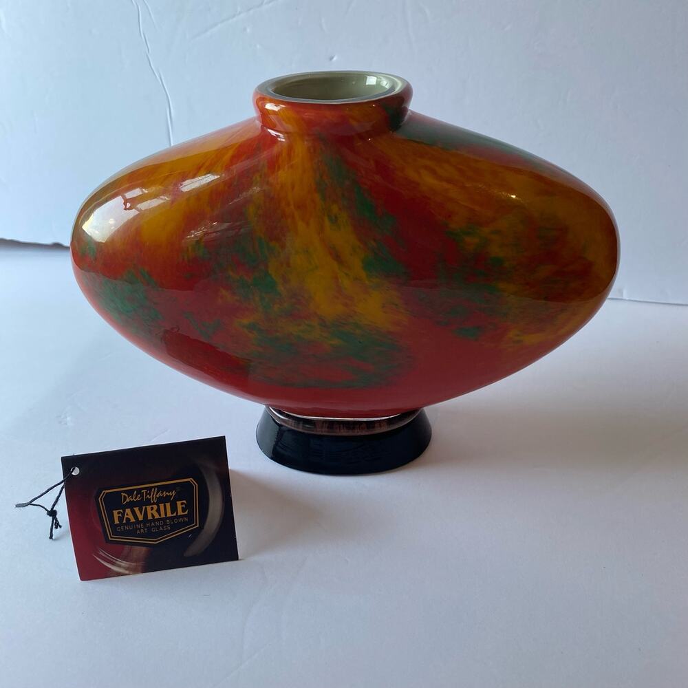 Dale Tiffany Hand Blown Art‎ Glass Vintage Vase 7” Orange Green Yellow Decor